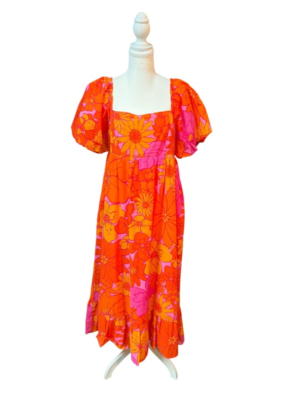 J. Marie Orange Pink Floral Puff Sleeve Midi Dress L NWT $150